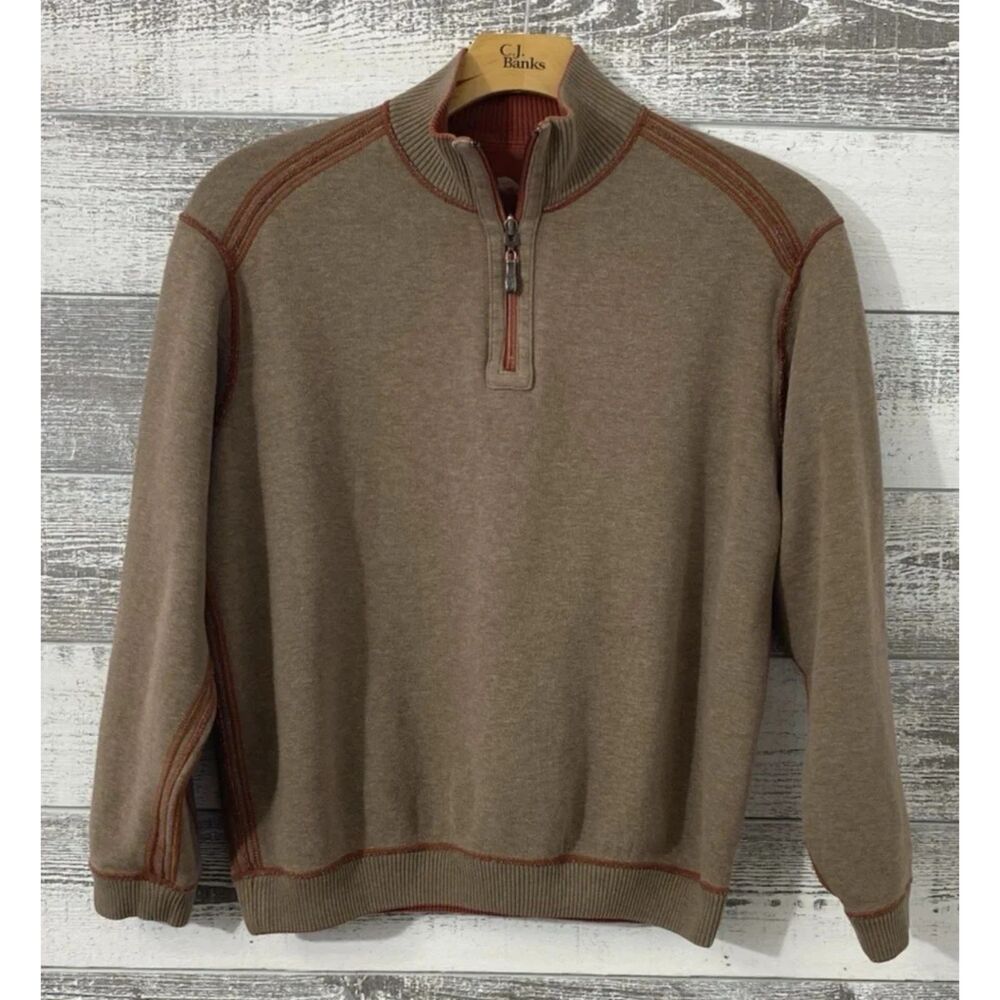 Tommy Bahama Reversible 1/4-Zip Sweater Men's L Brown/Orange Pullover Cotton